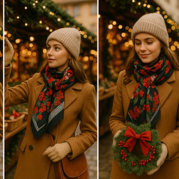 Vintage Floral Silk-Blend Scarf — Black Red & Gray | Designer-Quality 80s/90s - Picture 3 of 12